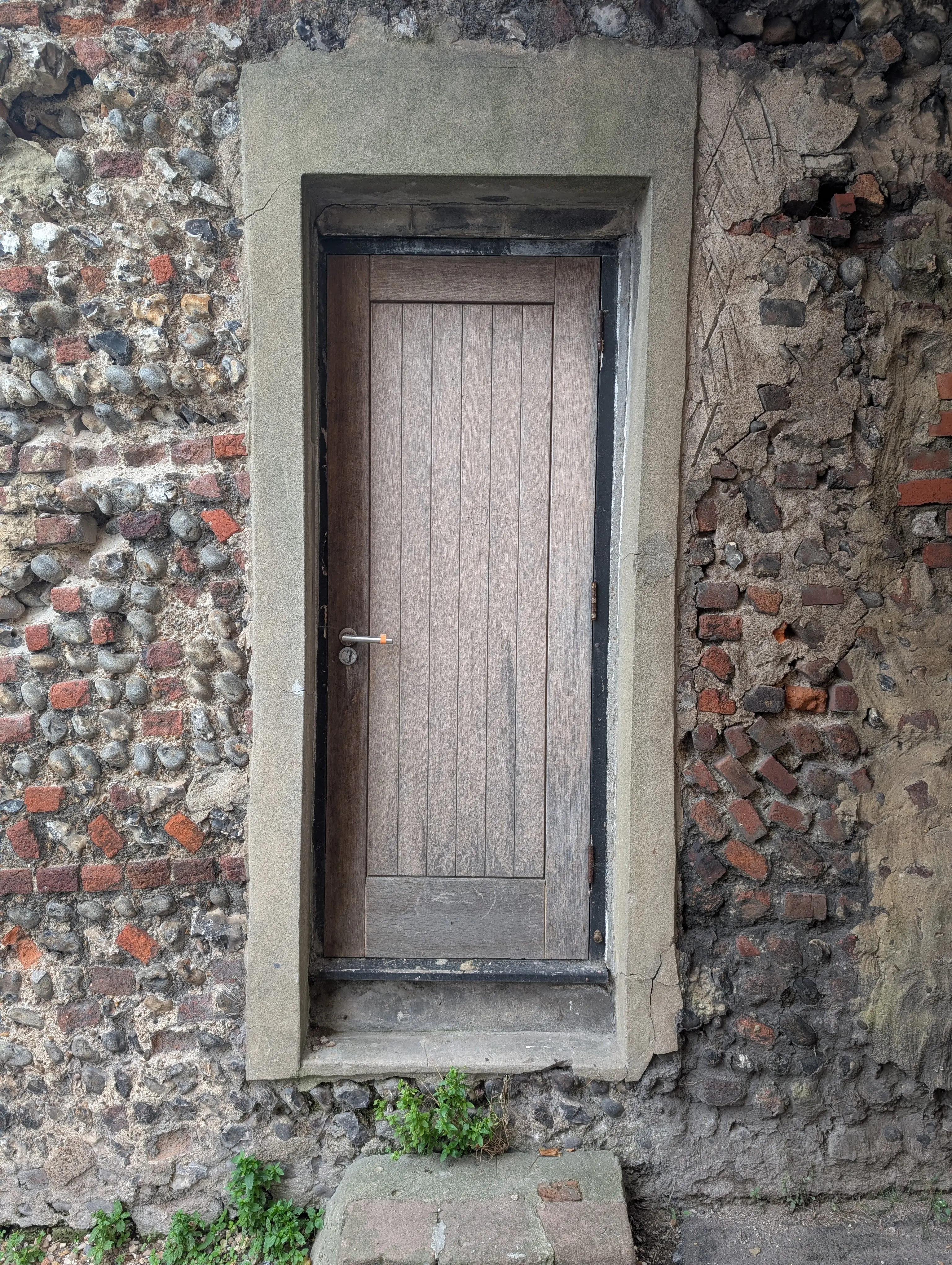 worn wooden door messy brickwork