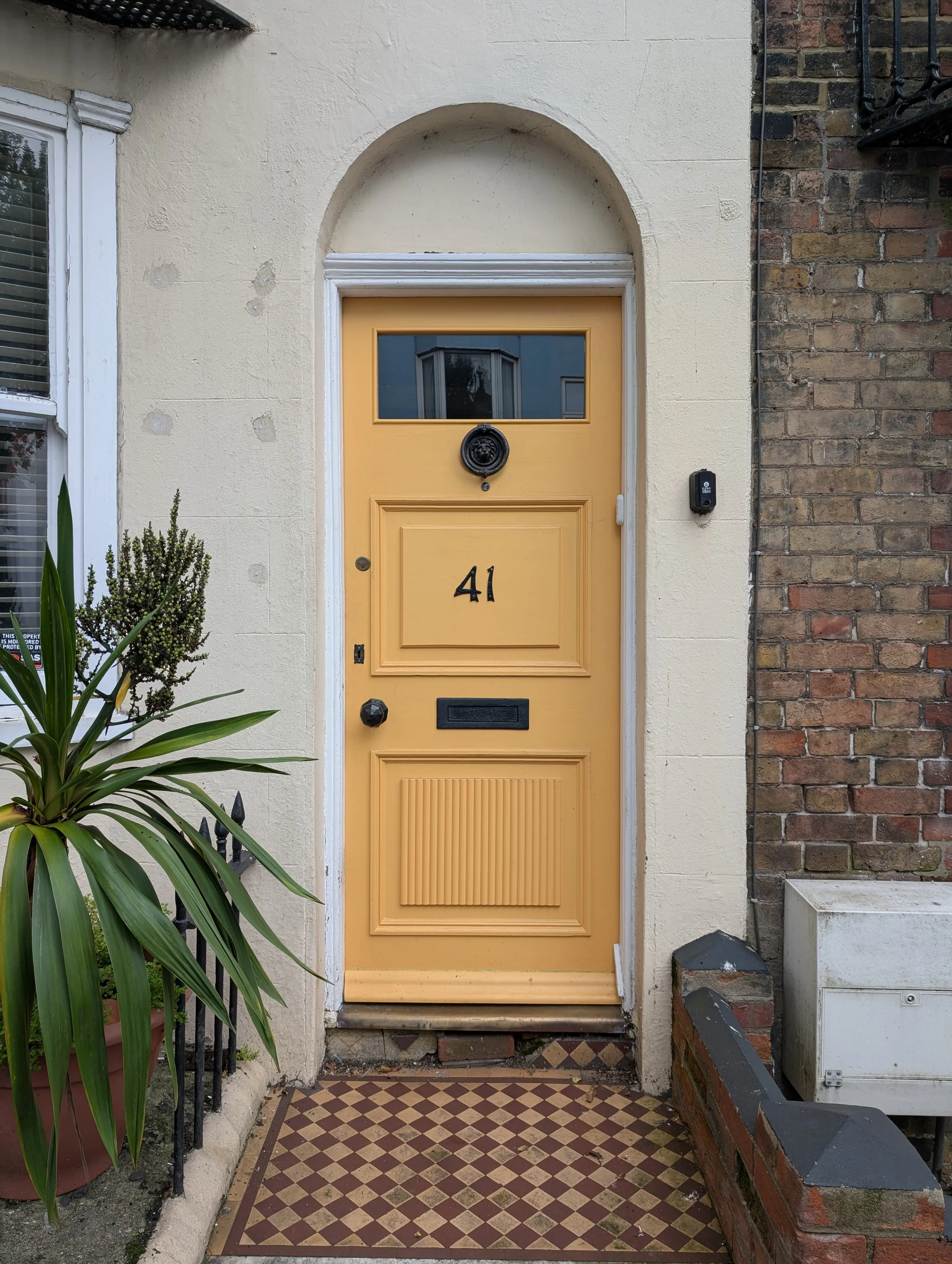 yellow door with ornate lion knocker and tiling