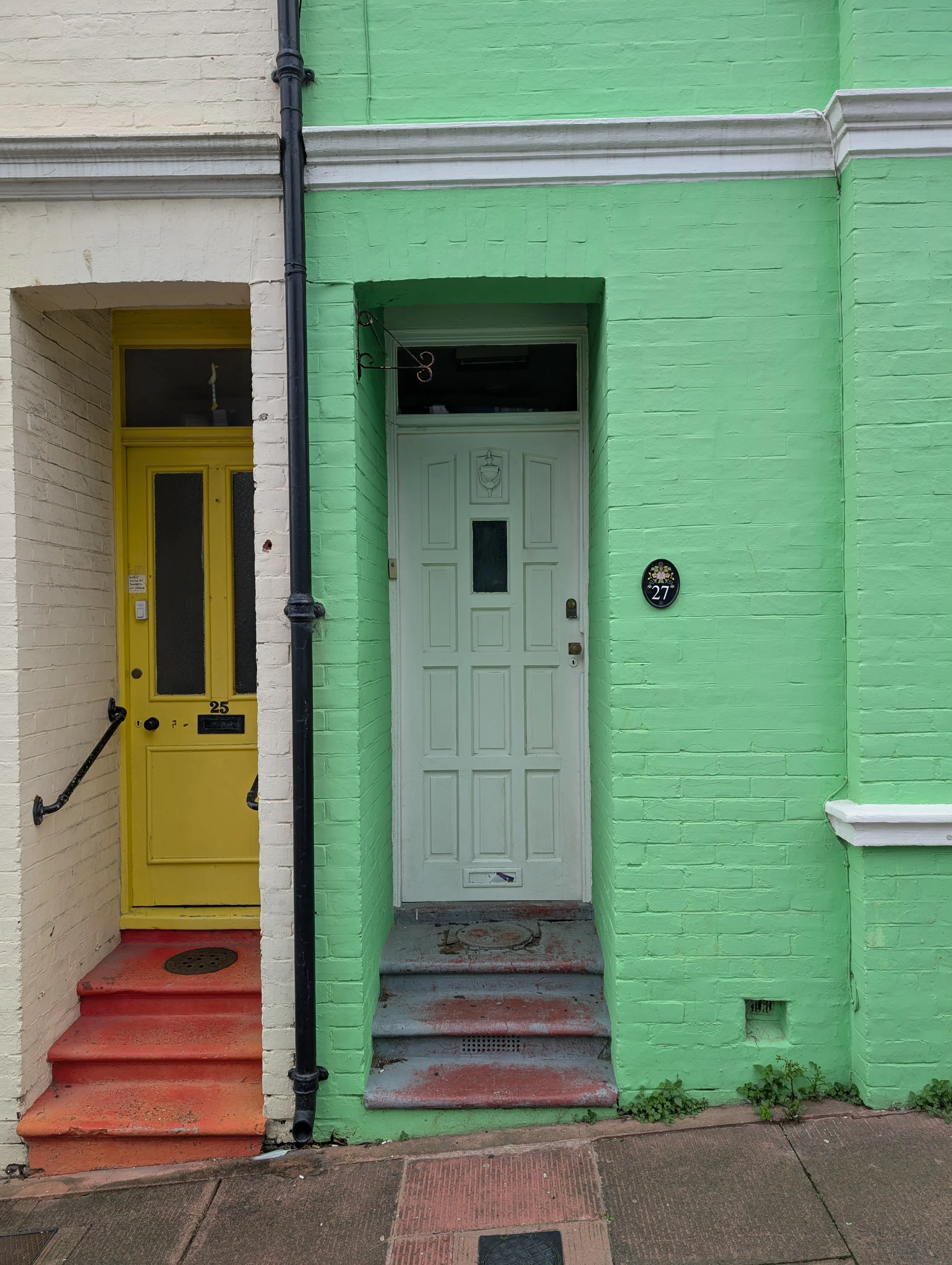 white door with single simple window on green building